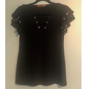 Belldini Black Double Ruffle Sleeve V-Neck Top
